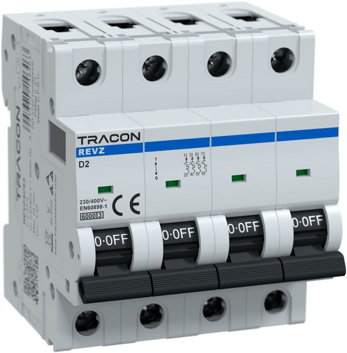 Tracon REVZ4D2 Kismegszakító, 4 pólus, D karakterisztika, 2A, D, 4P, 6kA