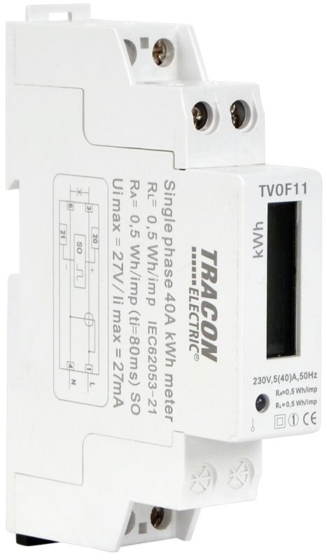Tracon TVOF11 LCD kijelzésű fogyasztásmérő,közvetlen,1 fázisú,1 modul 230VAC / 5A
