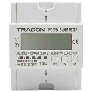 Tracon TVOEV34 Háromfázisú fogyasztásmérő EV töltőhöz, közvetlen, ad-vesz, 400 VAC / 10(100) A, Pd=2 W, RS485