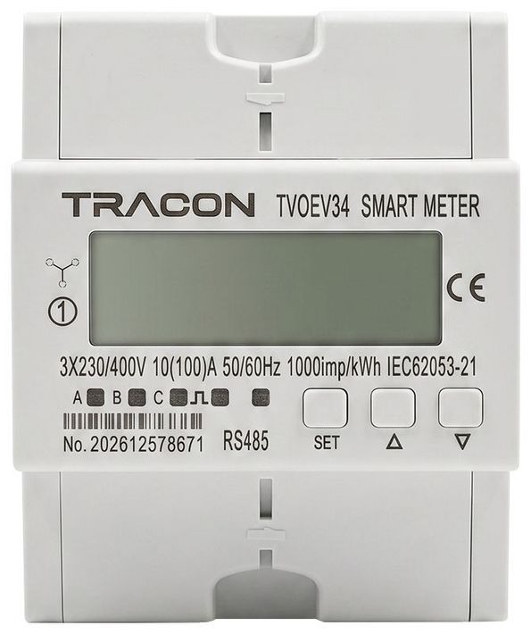 Tracon TVOEV34 Háromfázisú fogyasztásmérő EV töltőhöz, közvetlen, ad-vesz, 400 VAC / 10(100) A, Pd=2 W, RS485
