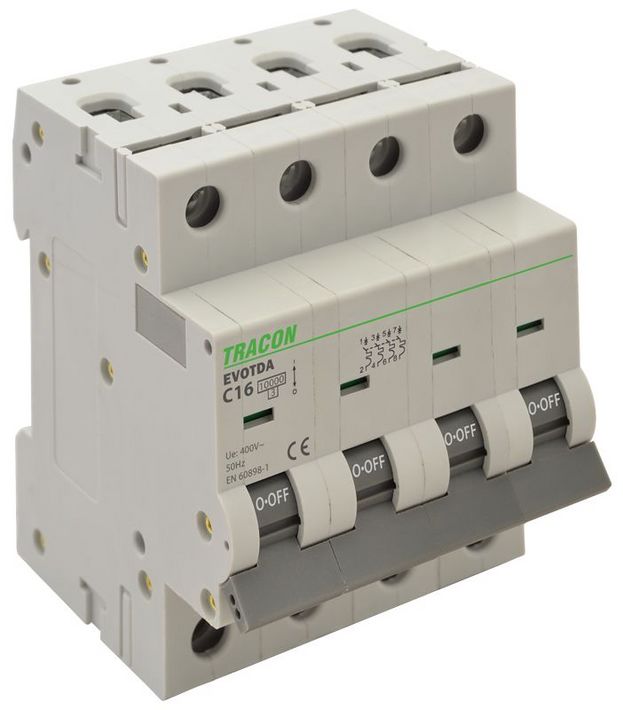 Tracon TDA-4D-1 Kismegszakító, 4 pólus, D karakterisztika, 1A, D, 4P, 10kA