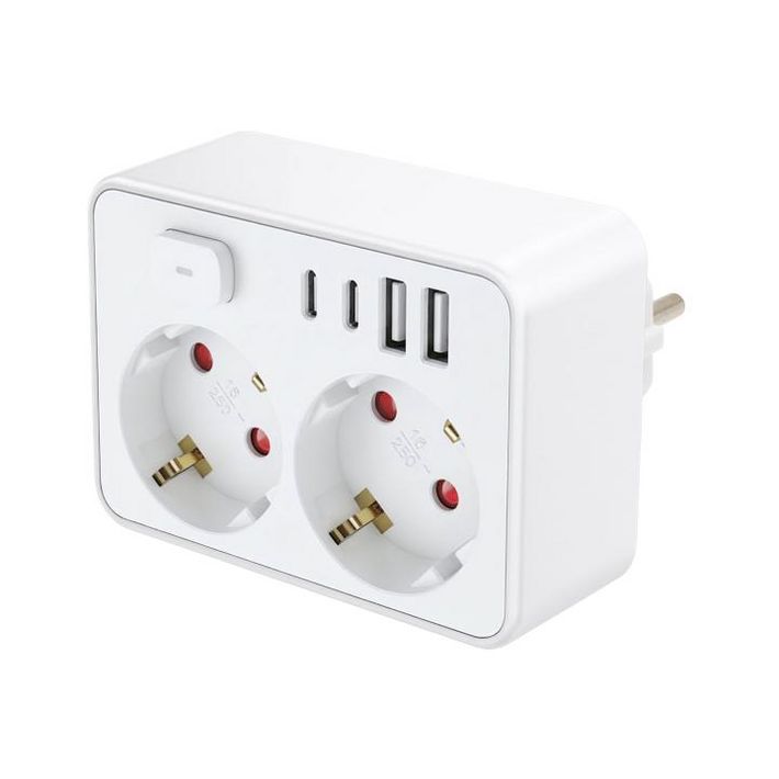 HOME NVK2USBC kapcsolós aljzat, 2 aljzat, 2xUSB-C, 2xUSB-A, max. 3680 W, kapcsolóval